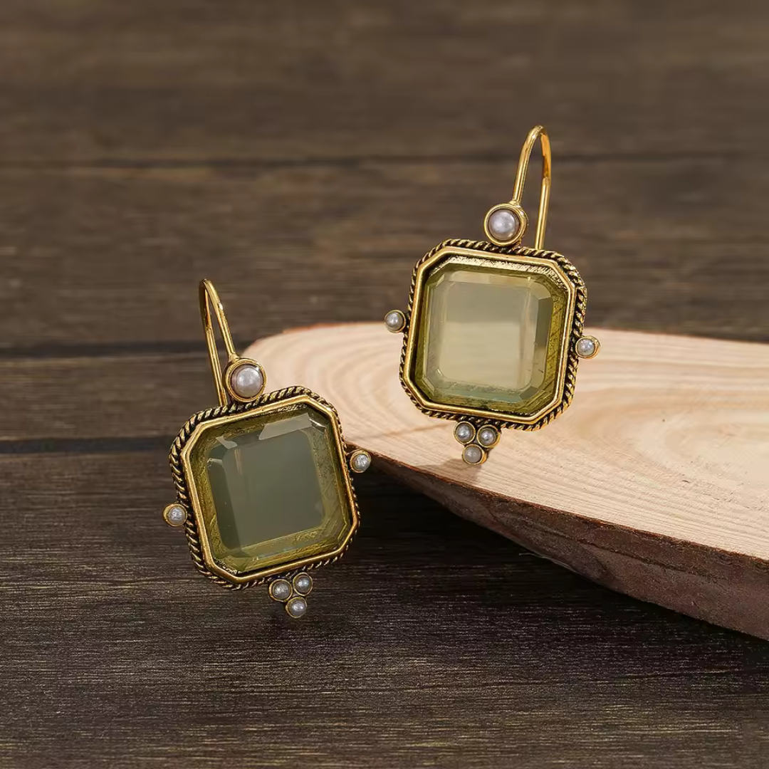 Theatre Vintage Earrings with Green Stone and Pearls