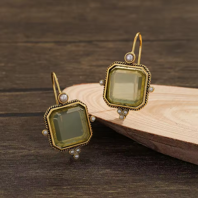 Theatre Vintage Earrings with Green Stone and Pearls