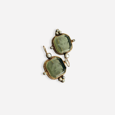 Theatre Vintage Earrings with Green Stone and Pearls