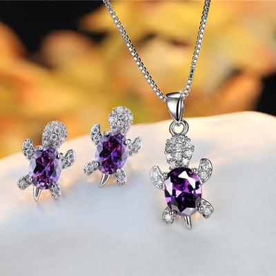 Crystal Turle Set Earrings and Necklace in Sterling Silver