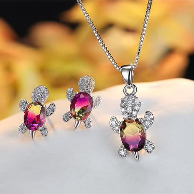 Crystal Turle Set Earrings and Necklace in Sterling Silver