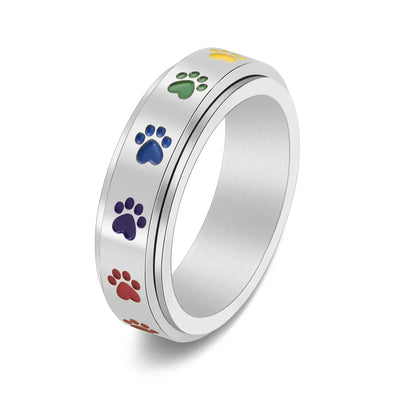 Spinning Anti-Stress Paw Ring – Stainless Steel with Rainbow Paws
