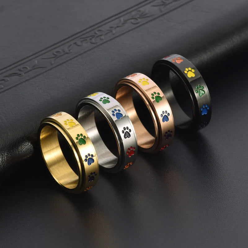 Spinning Anti-Stress Paw Ring – Stainless Steel with Rainbow Paws