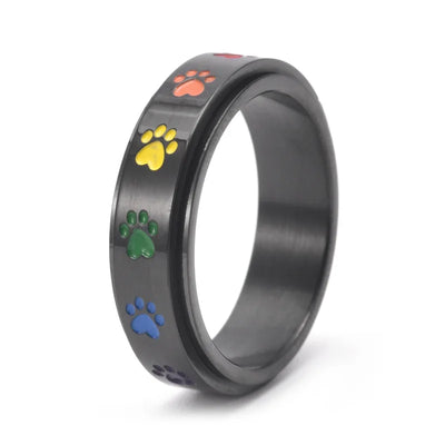 Spinning Anti-Stress Paw Ring – Stainless Steel with Rainbow Paws