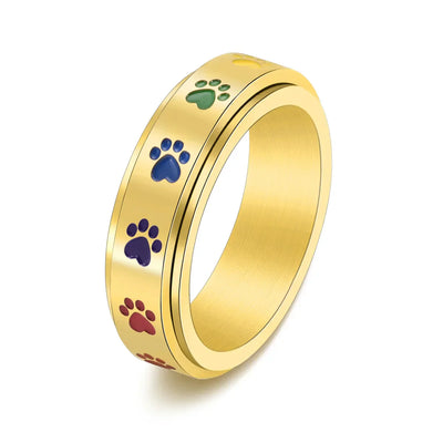 Spinning Anti-Stress Paw Ring – Stainless Steel with Rainbow Paws