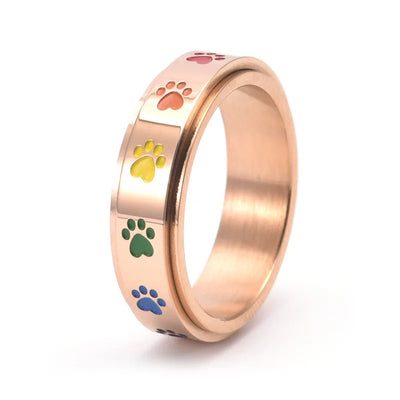 Spinning Anti-Stress Paw Ring – Stainless Steel with Rainbow Paws