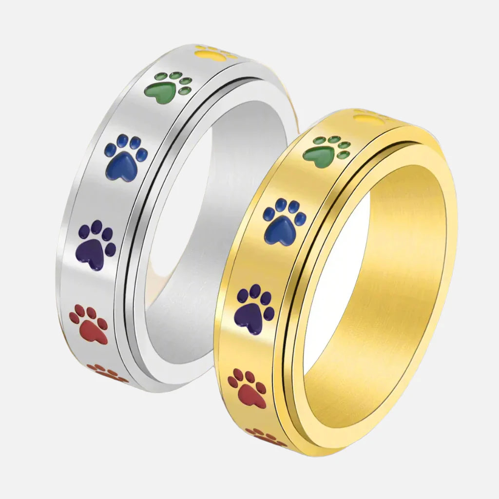Spinning Anti-Stress Paw Ring – Stainless Steel with Rainbow Paws