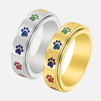 Spinning Anti-Stress Paw Ring – Stainless Steel with Rainbow Paws