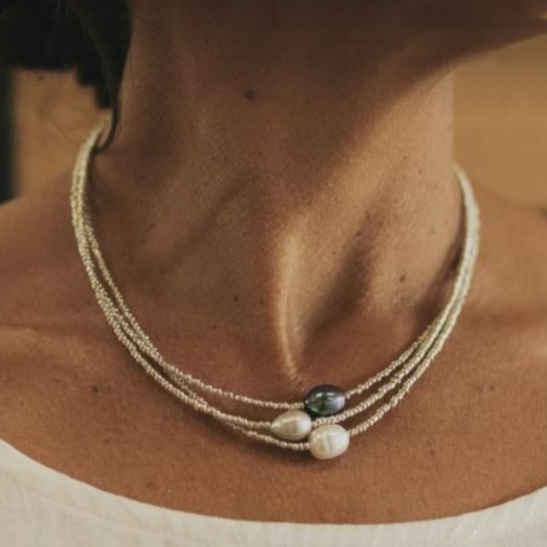 Double Fresh Water Pearl and Dark detailed Pearl Necklace