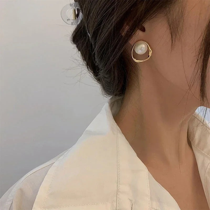 Pearl with Gold Triangle Earrings